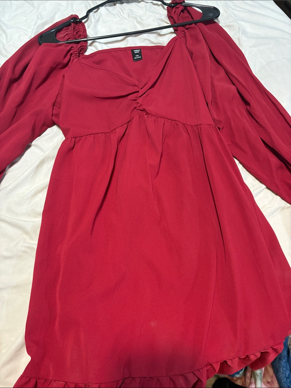 SHEIN Red Long Sleeve V-Neck Babydoll Dress
